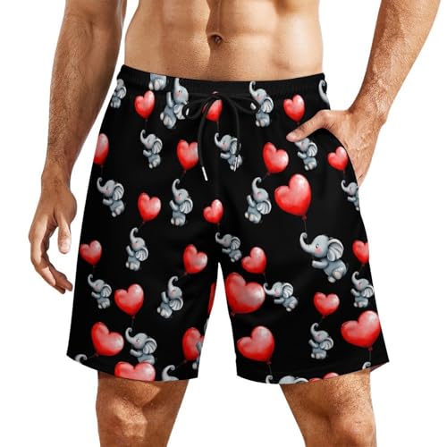 Cute Elephant with Heart Balloon Mens Swim Trunks Swimming Board Shorts with Compression Liner Summer Beach Bottom