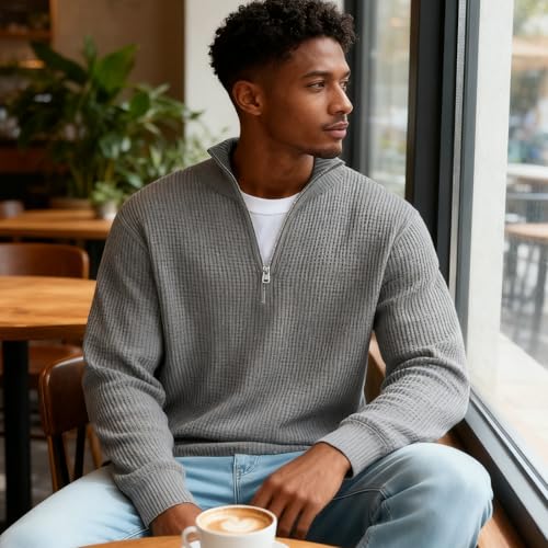 Mokaloha Mens Waffle Stand Shirts, Men's Everyday Waffle Stand Collar Zipper Casual Long Sleeve T-Shirt3