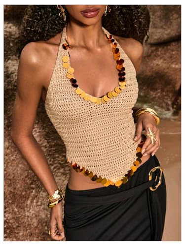 MakeMeChic Women's Sequin Sparkly Halter Tops Tie Backless Sleeveless Knit Tank4