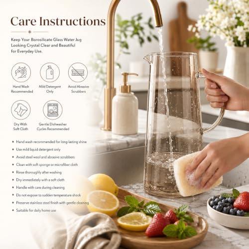 Image of Wringo Premium Glass Waters Jugs - 1.2 LTR, (Set of 1) Transparent, Hot Cold Water Glass Pitcher with Steel Lid Water Jug, Iced Tea, Milk and Juice Beverage Carafe, Lemon Jug 1200ML (WQ-02)