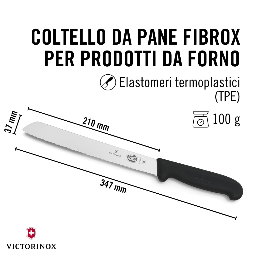 Victorinox Fibrox, Coltello da Pane con Filo Ondulato, Coltello affilato per Dolci e Pane, 21 cm, Lama Lunga, Acciaio Inossidabile, Nero