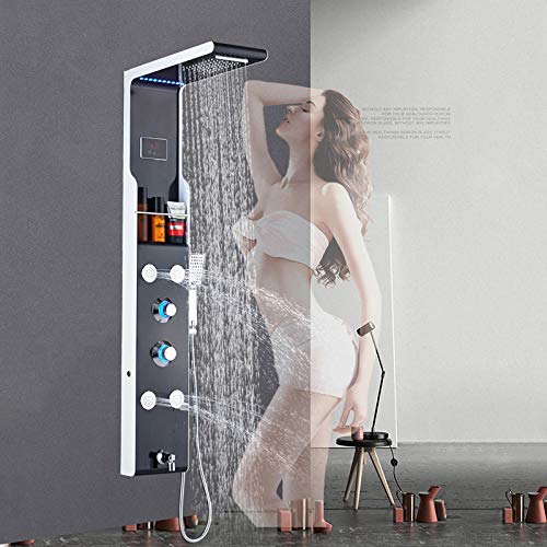Columna de ducha NEWCES con LED blanco, panel de ducha montado en pared, sistema de torre con ducha manual ABS y estante de almacenamiento miniatura 1