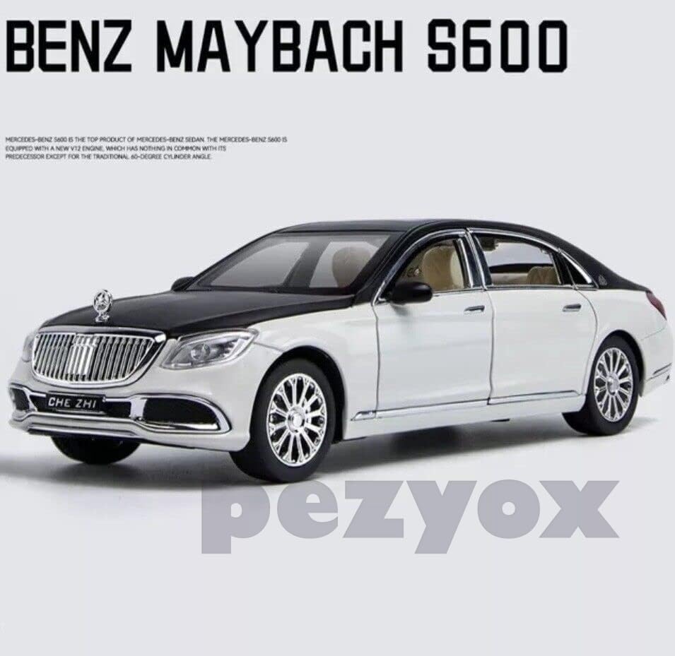Image of Mercedes Benz Maybach S600 1:24 Big Size Diecast Scale Model Alloy Metal Pull Back Toy car for Kids with Openable Doors & Light, Music Toy Vehicle for Kids (Black+White)