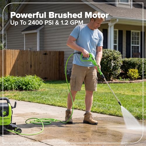Image of Greenworks 2400 PSI (1.2 GPM Max) Electric Pressure Washer (0, 15, 25, Soap, and Turbo Nozzle) for Use On Cars, Decks, Fences, Concrete Patios, Sidewalks & More. Medium-Duty