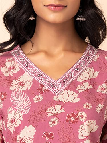 Image of Indya Women Pink Floral Jaal Print Cotton Kurta And Printed Pants (Set of 2)