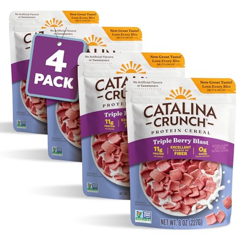 Image of Catalina Crunch Protein Cereal - Sugar Free Breakfast Cereal with 11g of Protein - Gluten Free - Triple Berry Blast - 8 oz. Bag (Pack of 4), Packaging May Vary