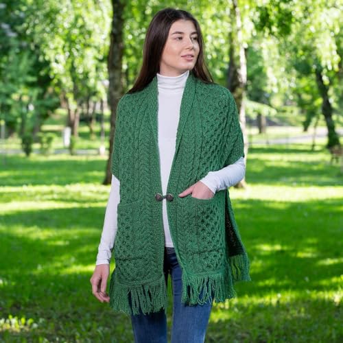 Image of SAOL 100% Merino Wool Shawl /Poncho Sweater /Open Cardigan /Wool Cape with Pockets with Fringe Trim and Trinity Knot Button