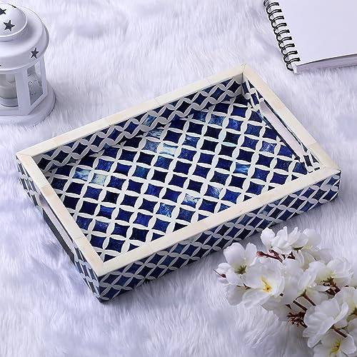 Image of Handicrafts Home 12 inch x 8 inch Blue Decorative Tray Breakfast Coffee Table Top Vintage Handmade Serving Tray