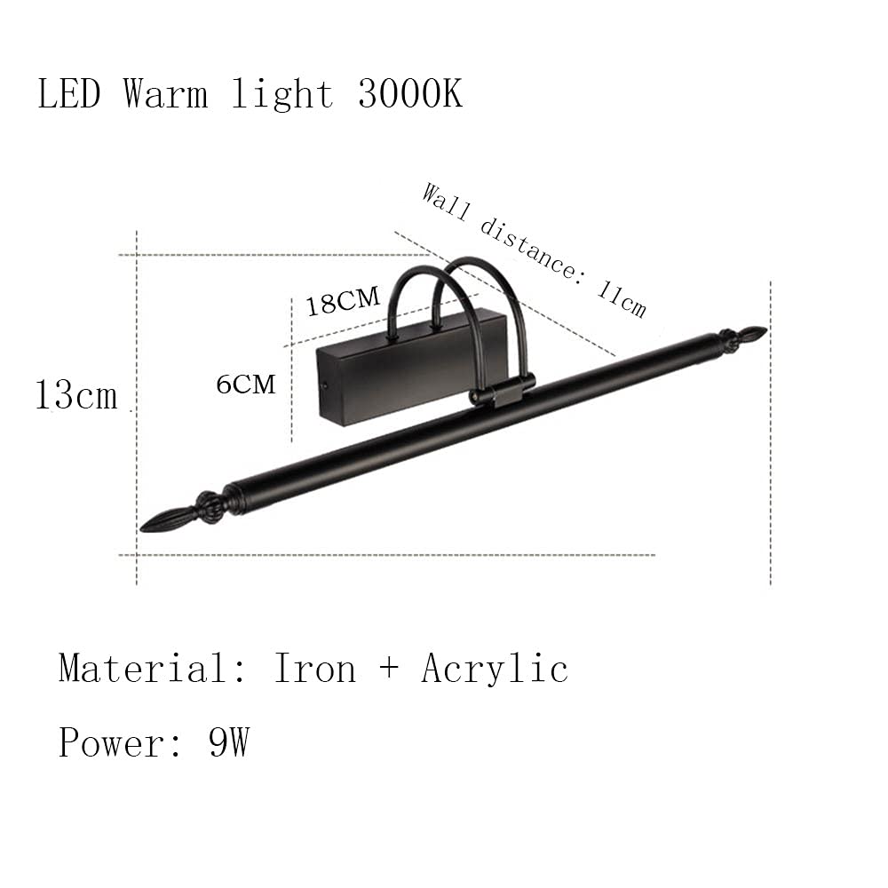 LED Spiegellampe Badleuchte 9W 630Lm Badlampe Warmweiß Spiegelleuchte Badezimmer Wasserdichte Eisen Retro Schrankleuchte Schminklicht Schwarz Spiegelschrank Lampe Acryl für Bad Spiegel L56cm