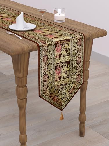 Image of Banarasi Brocade Zari Silk Table Runner Dinning & Centre Table Runner 177 By 30 CM (Brown, Elephant)
