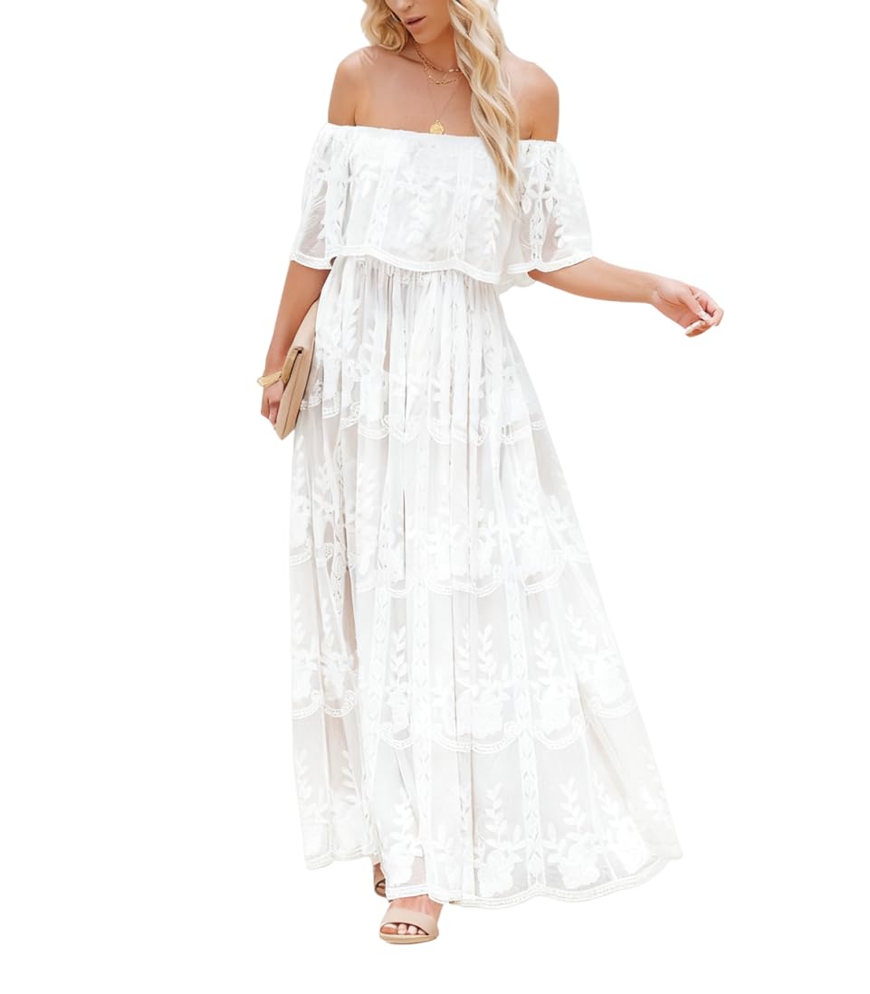 MERMAID'S CLOSET Maxi abito da donna con spalle scoperte in pizzo floreale Boho Flowy Wedding Guest formale abiti lunghi primavera