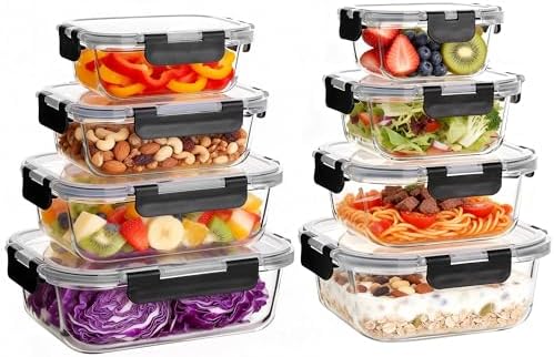 8 Pack Glass Meal Prep Containers with Lids, Extra Thick Airtight Food Storage Set (310ml-1510ml/10.5oz–51oz), Leakproof Lunch Boxes for Leftovers - Thumbnail 2