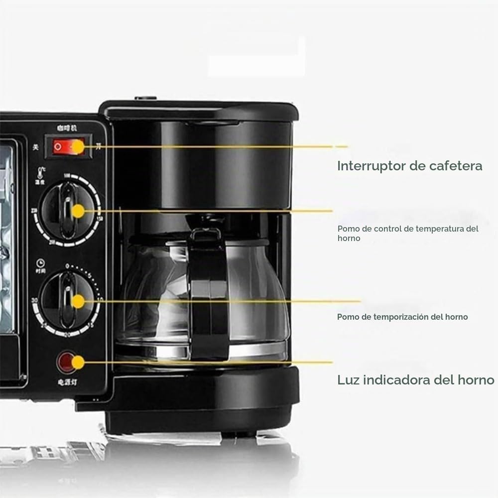 Estación for hacer desayuno 3 en 1, máquina de desayuno multifunción con horno eléctrico tostador de 9 litros, cafetera de 600 ml, sartén antiadherente, sandwichera de huevo, control de temperatura (