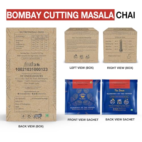 Image of TEA SENSE Bombay Cutting Masala Chai | 15 Pc Pyramid Tea Bags | Authentic Kadak Blend | Assam CTC, Cardamom, Fennel, Dried Ginger, Black Pepper
