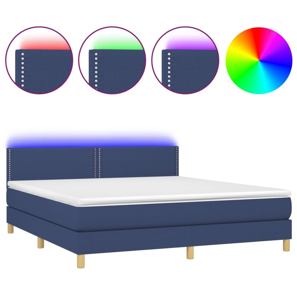 tkanina LED podświetlenie regulowany zagłówek 180x200 niebieski | Łóżko kontynentalne 180x200 cm z materacem sprężynowym, niebieskie, tkanina, LED, zagłówek