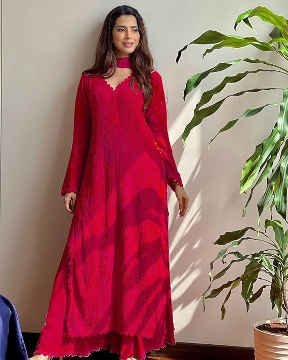 Image of Women Embroidered Straight Kurti with Palazzo And Dupatta Set | Elegant Ethnic Wear Kurta Set | V-Neck Long Sleeve Kurti | Stylish Casual, Festive & Wear for Women