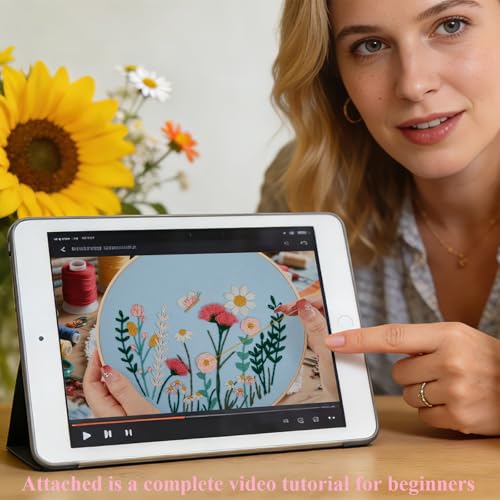 Image of Flower Embroidery Kits for Beginners Adults, Hand DIY Embroidery Art Kits, Floral Stamped Cross Stitch Kits for Beginner Adults Craft Kits for Women, Entire Set of Embroidery Supplies & Video Tutorial