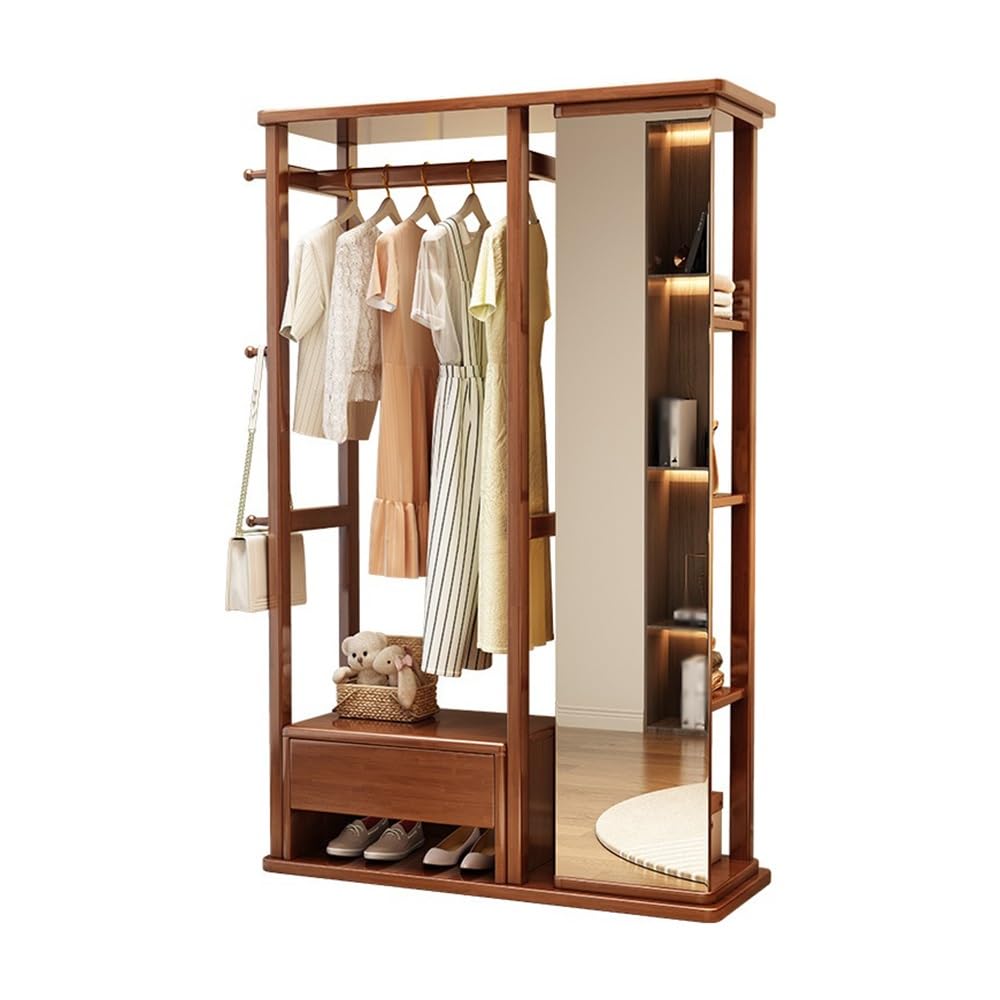 DFHS46JK Hat Rack Solid Wood Clothes Hanger Dressing Mirror Bedroom Floor Rotatable Multifunctional with Drawer Coat Rack Shoe for Office(Walnut)