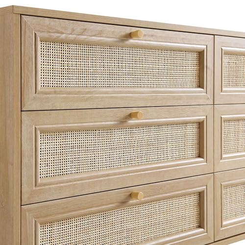 Image of Mid-Century Modern Chest of Drawer with Natural Rattan Panels, Solid Wood Legs, Spacious Storage Chest, Stylish Bedroom Dresser for Living Room, Entryway. (Natural)