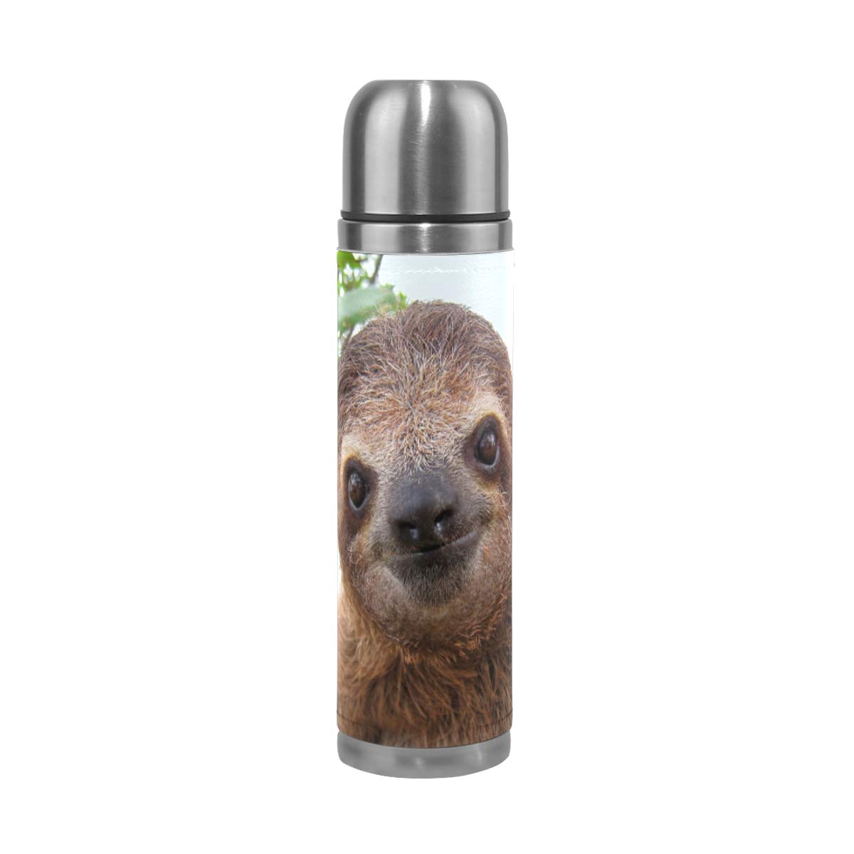 Taza de viaje aislada al vacío de acero inoxidable con doble pared a prueba de fugas, botella de agua con diseño de perezoso, personalizable con impresión en piel auténtica, 500 ml