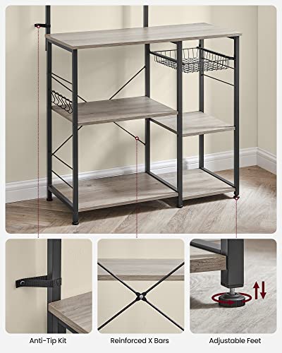 Image of VASAGLE Baker's Rack, Microwave Stand, Kitchen Storage Rack with Wire Basket, 6 Hooks, and Shelves, for Spices, Pots, and Pans, Heather Greige and Ink Black UKKS035B02