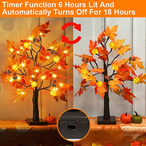 [ Timer ] 2 Pack 22 Inch Prelit Lighted Maple Tree Fall Decor Fall Tree 48 Leds Battery Operated 12 Exclusive Patent Pumpkins 12 Acorns Orange Red Maple Tree Thanksgiving Halloween Decor Indoor Home #TOP1