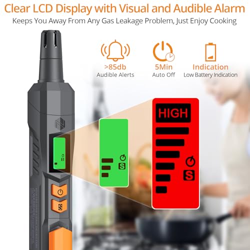Neoteck Gasmelder Gaslecksuchgerät mit Visuellem und Akustischem Alarm Tragbarer Gasdetektor zum Aufspüren von brennbaren Gasleckquellen wie Methan, Propan für zu Hause(Orange)
