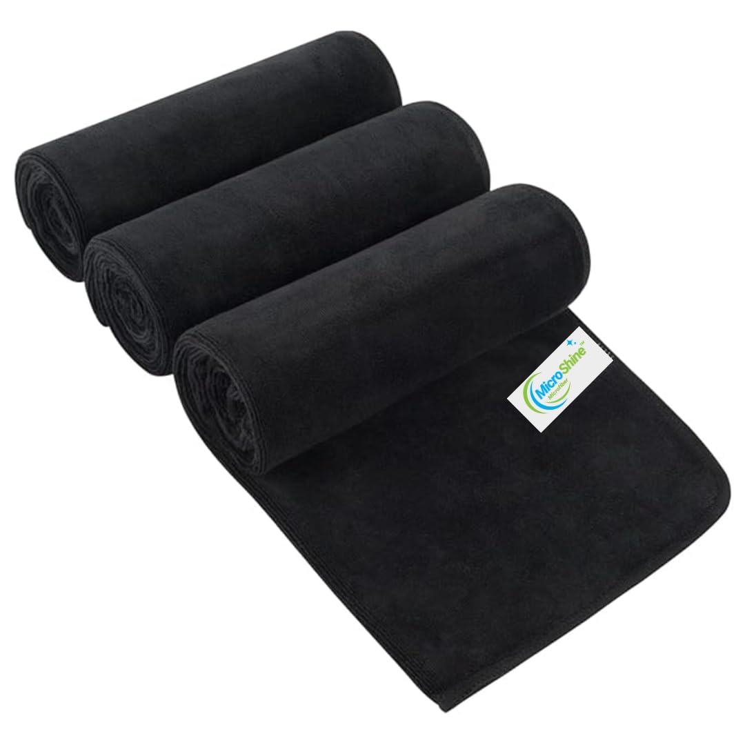 Microshine Microfiber Sports Towels (3-Pack) - Quick Drying, Ultra Absorbent, Lightweight Gym Towels for Workout, Fitness, Yoga, Travel - Black