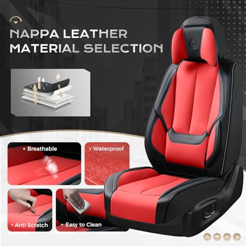 Image of Coverado Seat Covers, Car Seat Covers Front Seats, Car Seat Cover, Car Seat Protector Waterproof, Seat Cushion Nappa Leather with Head Pillow, Carseat Cover Universal Fit for Most Cars (Black&Red)