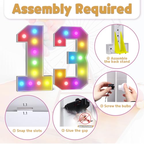 Image of Imprsv Colorful 4FT Marquee Numbers Light up Numbers 13 Birthday Decoration | RGB with Remote, Party Decorations Anniversary Wedding Decorations Assembly Required Foam Board 43 Pcs Accessory Set