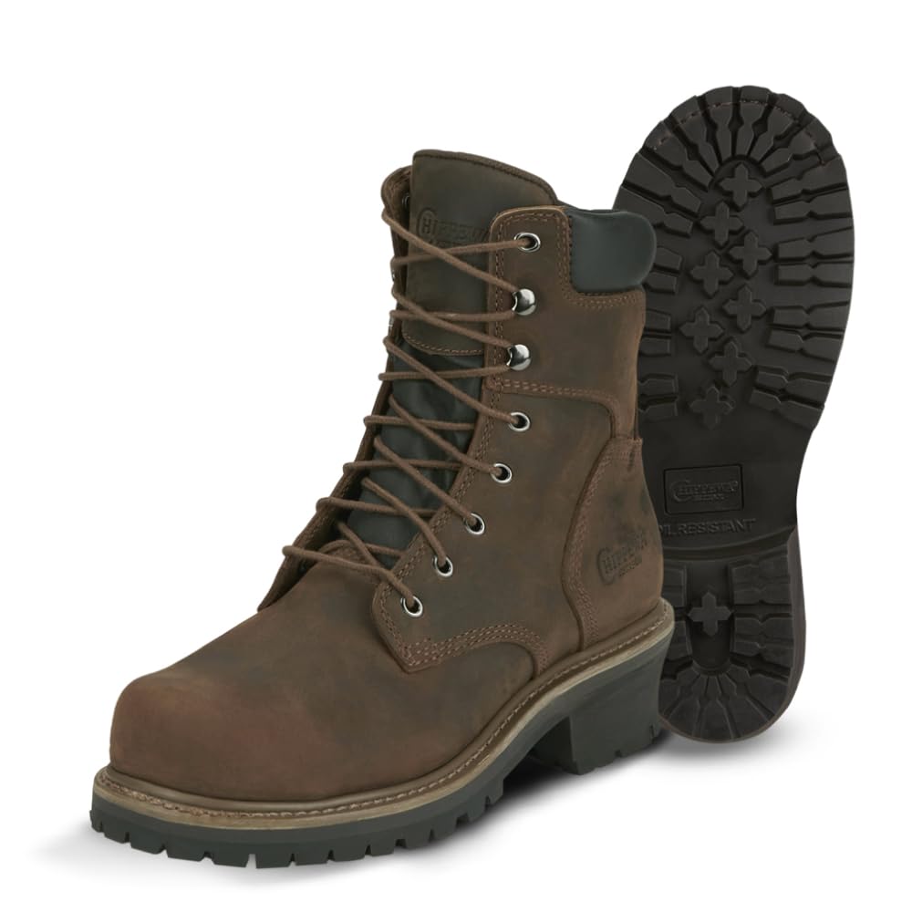 Chippewa Hador 8" Steel Toe Logger Boots for Men - Premium Full Grain Leather, Orthotic Insole, Metallic Shank, EH ASTM F2413 Standards