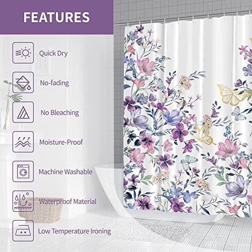 Visioun Purple Floral Butterfly Shower Curtain For Bathroom 60W*72H Inch Vintage Watercolor Wildflower Botanical Lavender Aesthetic Bathtub Decor Spring Waterproof Polyester Fabric Set With 12 Hooks #TOP4