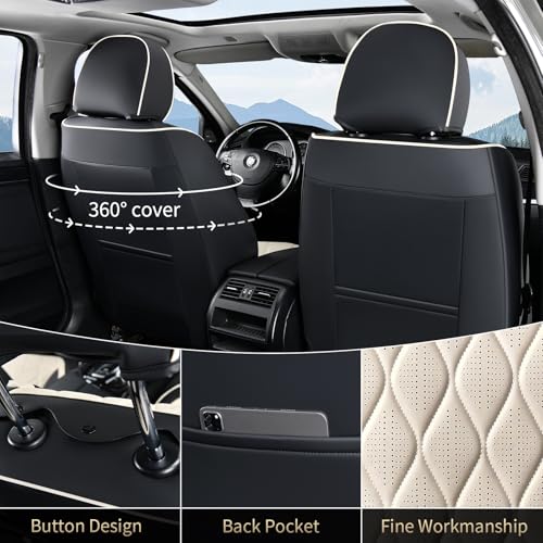 Image of FLORICH Car Seat Covers Front and Rear Seat Cover for Car Luxury Faux Leather Automotive Seat Covers Full Set Universal Car Seat Protector 5 Seats Fit for Most Cars Sedans Trucks SUV, Black&Beige