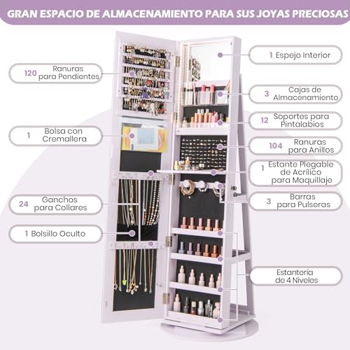 Armario de joyería giratorio con espejo de cuerpo entero y luces LED 8