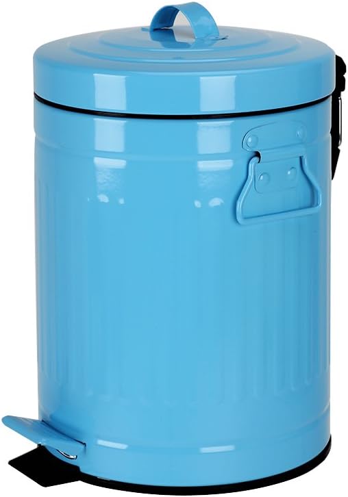 Bathroom Trash Can with Lid, Blue Wastebasket for Home Bedroom with Lid, Round Waste Bin Soft Close, Small Retro Vintage Metal Garbage Can for Office, 5 Liter / 1.3 Gallon, Glossy Blue