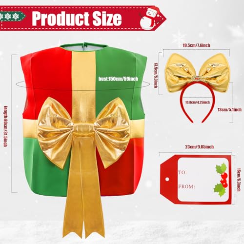 Boyigog Weihnachtskostüme für Erwachsene Weihnachtsgeschenkbox Kleidung mit Goldener Schleife Kostüm mit Haarband Karten, Lustig Weihnachtskostüm für Damen