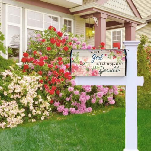 Image of Spring Summer Mailbox Cover Magnetic with God All Things are Possible Mailbox Wrap 21 inchx18 inch Peony Flowers Inspirational Standard Size Letter Post Cover for Yard Garden Outdoor Outside