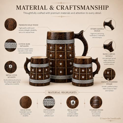 Image of Wooden Beer Bar Combo Set | Barrel Shaped Jumbo Mug with Metal Studs | 2 Small Beer Mugs 350ML (5 x 4 inches Each) & 1 Large Beer Jug 750ML