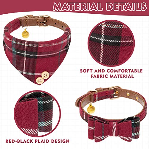 Image of EXPAWLORER Dog Collar and Leash Set - Classic Plaid Dog Bow Tie and Dog Bandana Collar with Bell, Dog Leash Tangle Free, Adjustable Collars for Small Medium Large Dogs Cats, Holiday Ideal Gift