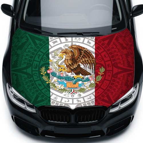 4x5ft Mexico Totem Car Hood Cover Car Bonnet Banner Universal Fit Elastic Polyester Stretchable Patriotic Automotive Hood Covers Mexicans Patriot Gifts