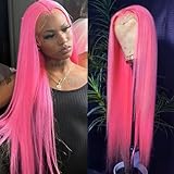 Lovestory Pink Color Lace Front Wigs Long Straight Hair Pastel Pink Heat Resistant Free Part Synthetic Lace Wig Natural Hair High Density Synthetic Lace Front Wigs for Fashion Women