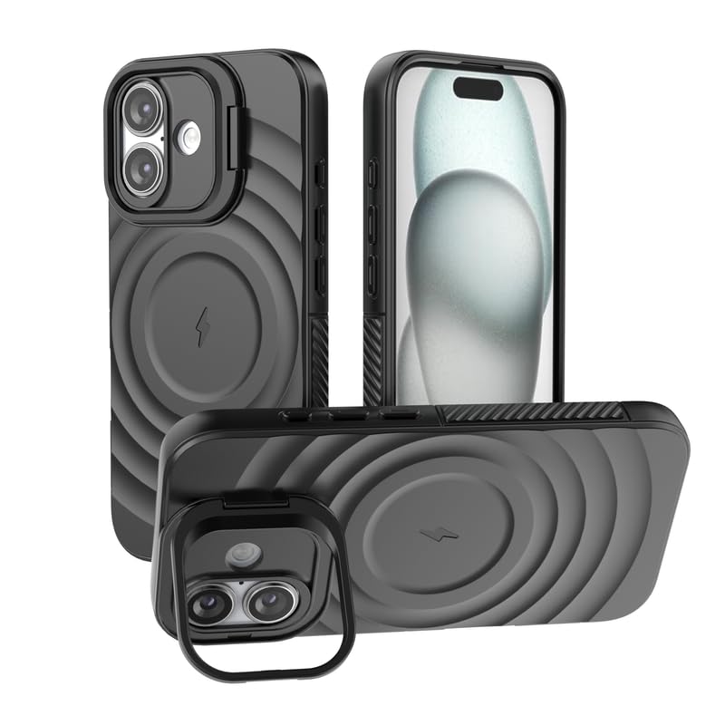 Image of LuxuryKase Shockproof Case for iPhone 16 Plus | Ripple Pattern | Camera Protection | Inner Velvet Fabric Lining | Protective Cover with Enhanced Grip & Wireless Charging Support - Black