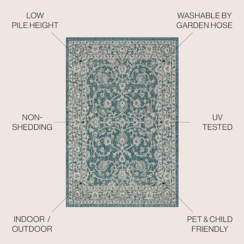 Image of JONATHAN Y Vine and Border Indoor Outdoor Area Rug 9X12 Teal /Gray, Palazzo Textured Weave for Backyard, Patio, Porch, Easy-Cleaning, High Traffic, Pet-Friendly, Non-Shedding (SMB103B-9)