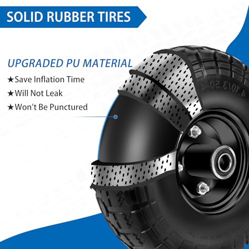 Image of 4.10 /3.50-4 Tires and Wheels Flat Free 10 Inch Solid Tires Replacement with 5 /8 inch Axle Bore Hole, 16 Spacers 8 Pins, for Cart, Garden Wagon, Wheelbarrow, Hand Truck, Trolley, Lawn Mower, 4P