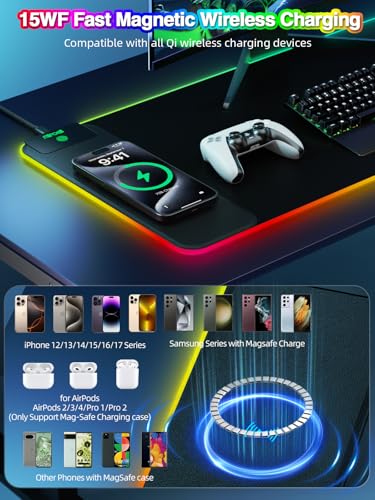Image of Magnetic Charging Mouse Pad, 31.5x11.81 Inch XL Gaming Mousepad, 11+5 RGB Lighting Modes, Home Office Large Desk Pad with Ultra-Smooth Surface, Non-Slip, Waterproof Keyboard Pad Classic Black Desk Mat