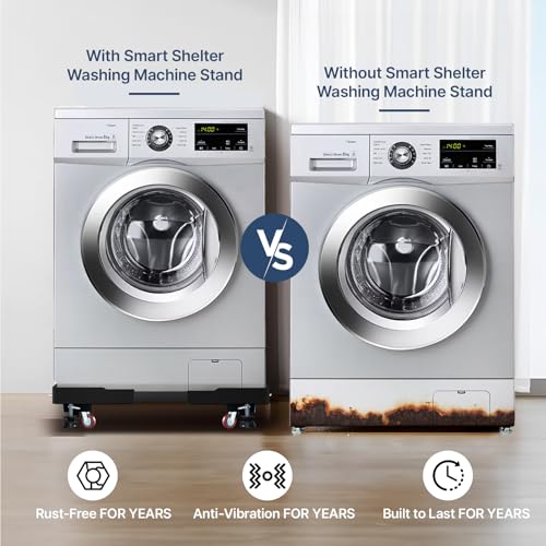 Image of Smart Shelter Washing Machine Trolley for Fully and Semi Automatic, Front or Top Load, Fridge and Dishwasher Stand, Adjustable Metal and Wheels, Capacity 250Kg, Black (Min: 17 inchx17 inch, Max: 27 inchx29 inch)