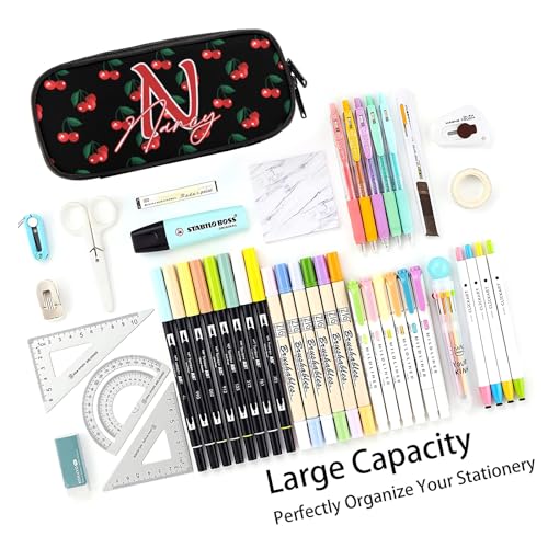 Image of Custom Cherry Pencil Case for Boy Girl Teens, Personalized Name Pencil Pouch, Big Capacity Black Pen Bag with Zipper, Organizer For Home Desk Office School