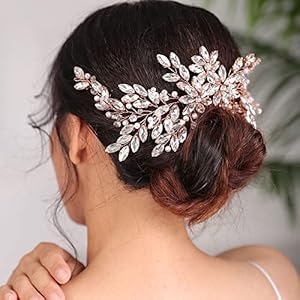 Wedding Rose Gold Hair Comb with Rhinestone Crystal Flower for Bridal Headpieces, Handmade Accessories for Women and Girls (ROSE GOLD)