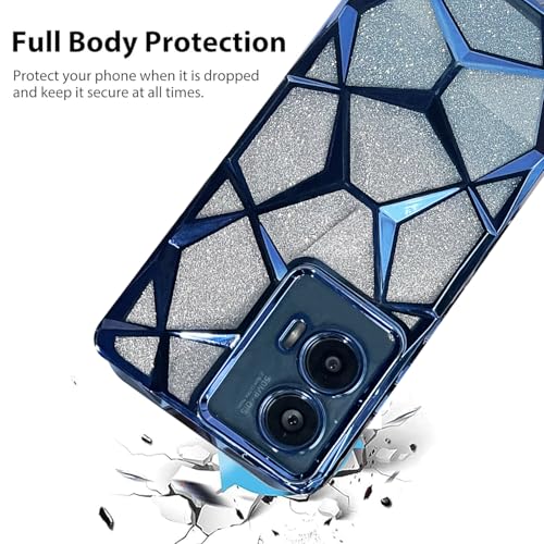 Image of VONZEE Gradient Glitter Case for Moto Edge 50 Fusion /Moto G96, Luxury Electroplated 3D Cube, Diamond Bling Shiny Soft TPU Clear Shockproof Case Women Girls Protective Phone Cover (Blue)