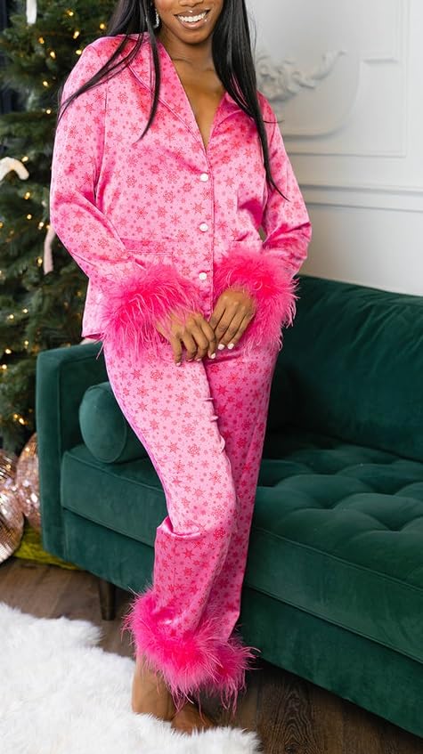 Mommy and Me Matching Christmas Pajamas Set Feather Fur Trim Xmas Pjs Set 2 Piece Silk Sleepwear for Women Girl2